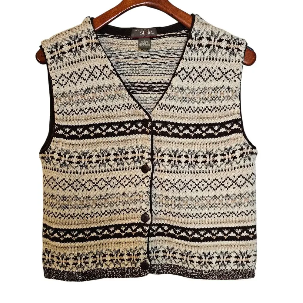 New York Style Brown & Cream Vintage Fair Isle Cottagecore Sweater Vest
